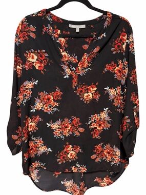 Daniel Rainn Black Floral Henley Blouse with Rust and Cream Blooms
